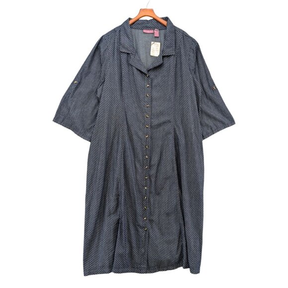 Woman Within Button Front Maxi Dress Navy Floral Canvas Roll Tab Sleeve Sz 34W - Picture 1 of 11